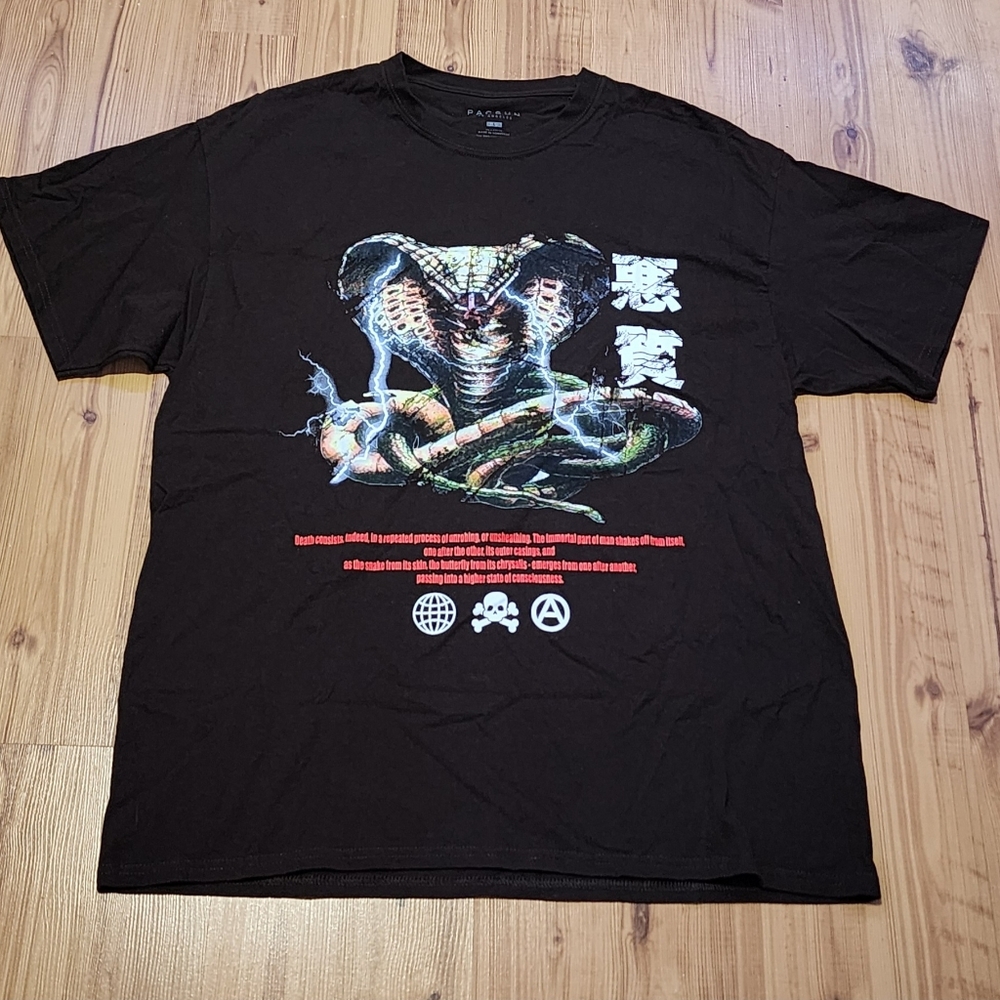 PACSUN OVERSIZED MEN'S T-SHIRT - DARK BROWN - RETRO COBRA DESIGN - SIZE L